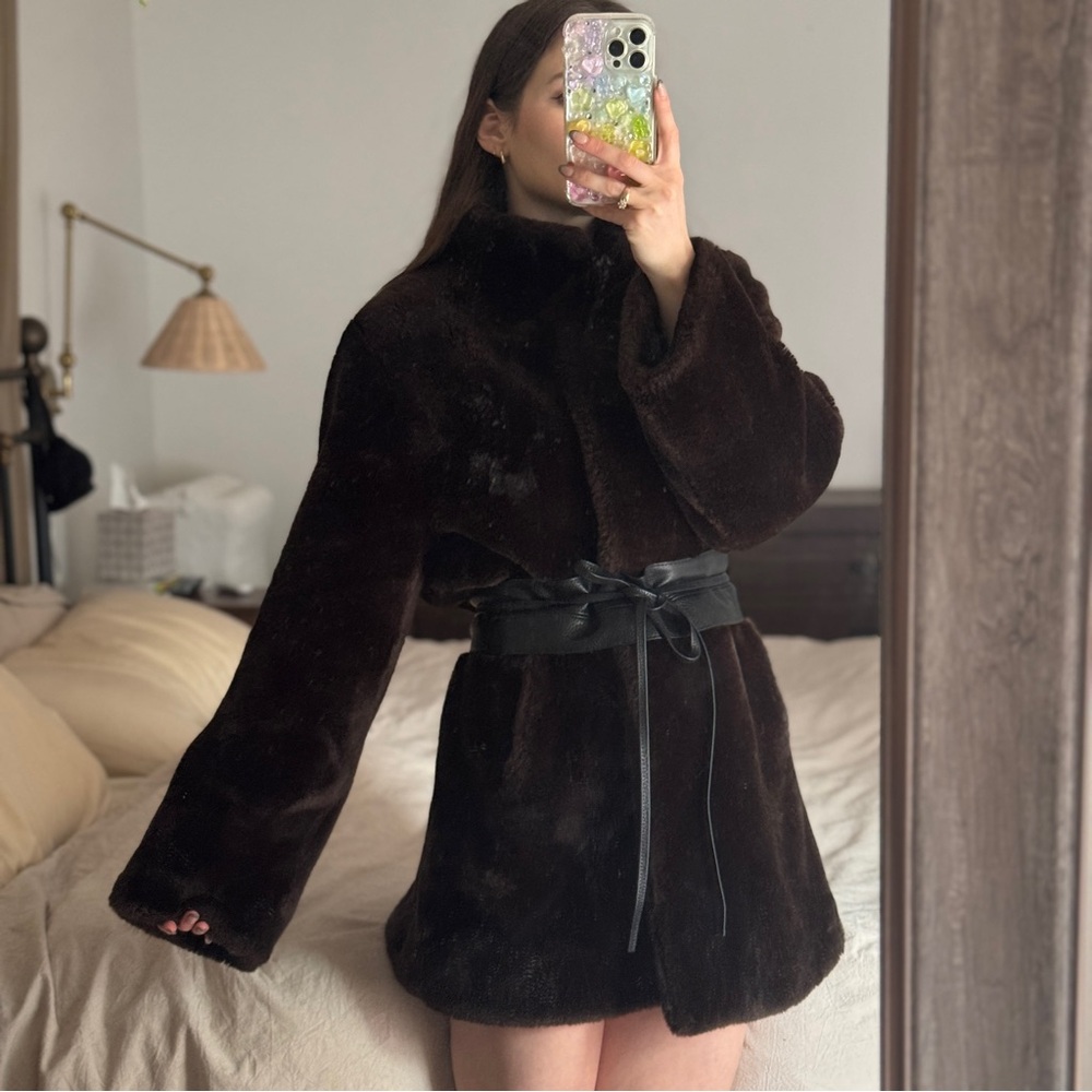 Beta’s Choice Dark Brown Faux Fur Coat with black belt